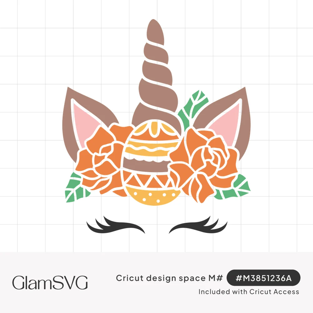 Unicorn face with closed lashes, brown spiral horn, pink ears, orange roses, green leaves and a decorated Easter egg