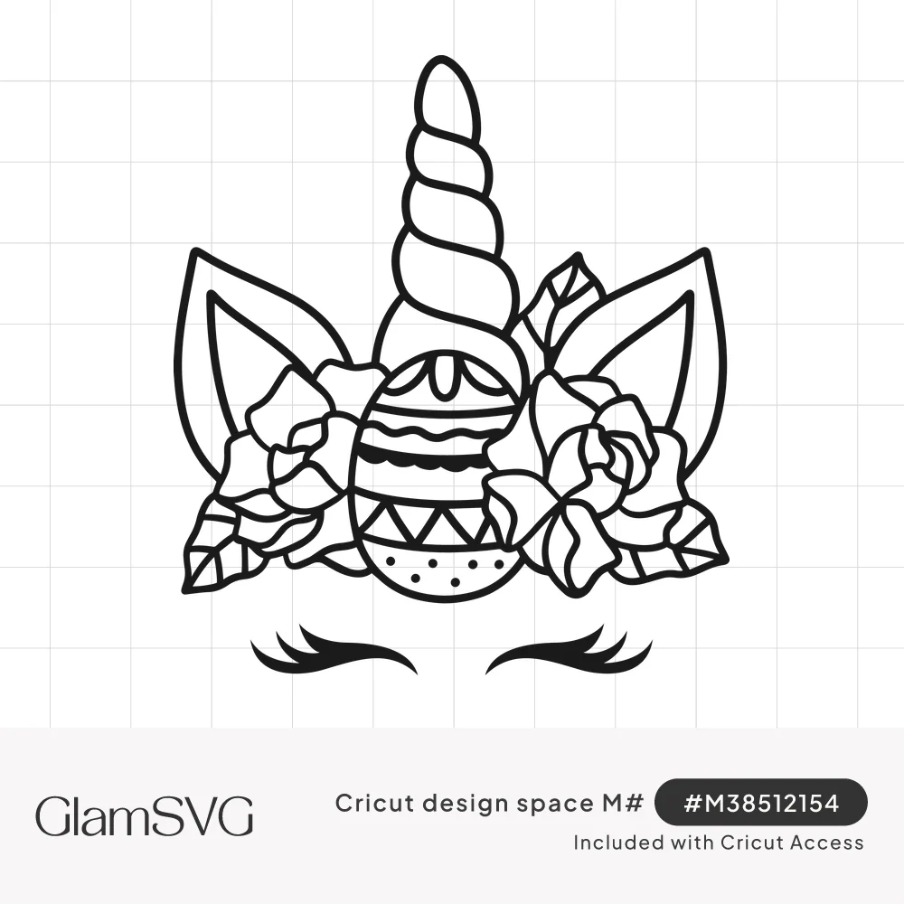 Line art unicorn face with spiral horn, ears, roses, a patterned Easter egg and closed eyelashes