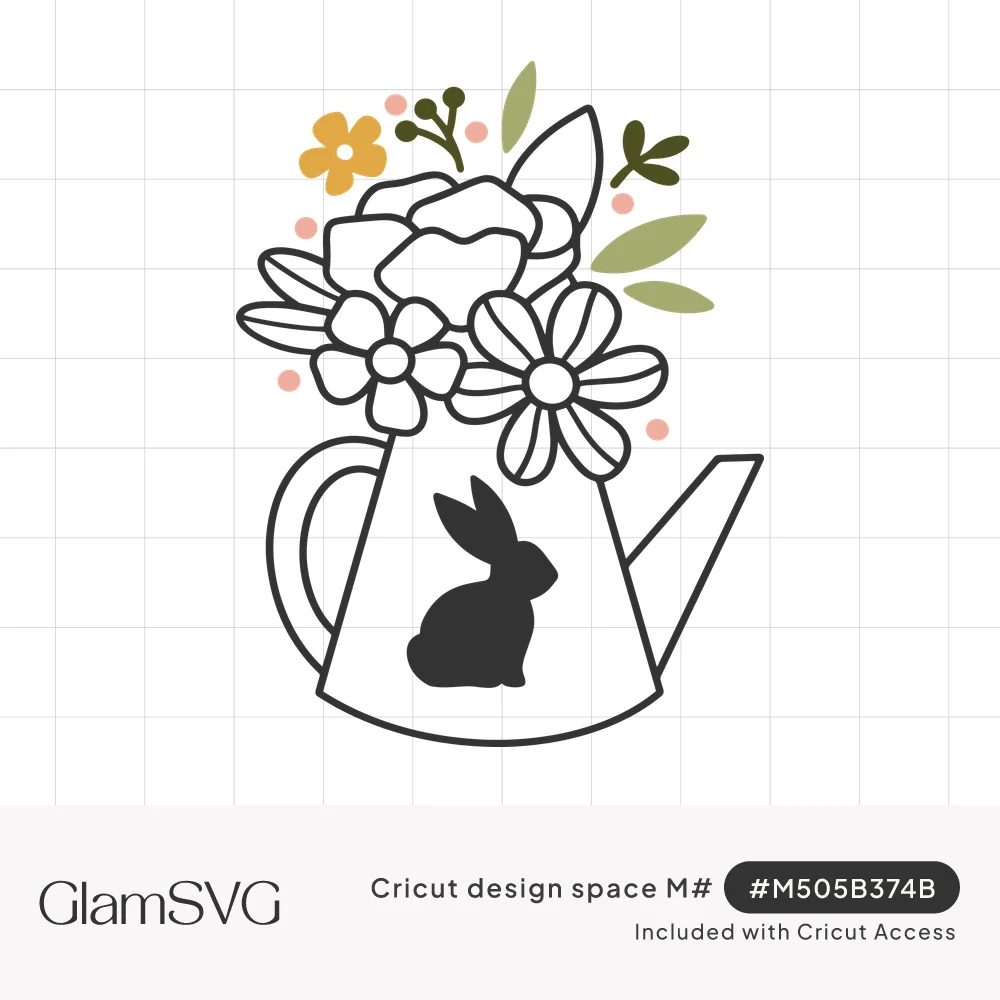 Line-art watering can with a black bunny silhouette, filled with peonies, daisies, a yellow flower and green leaves