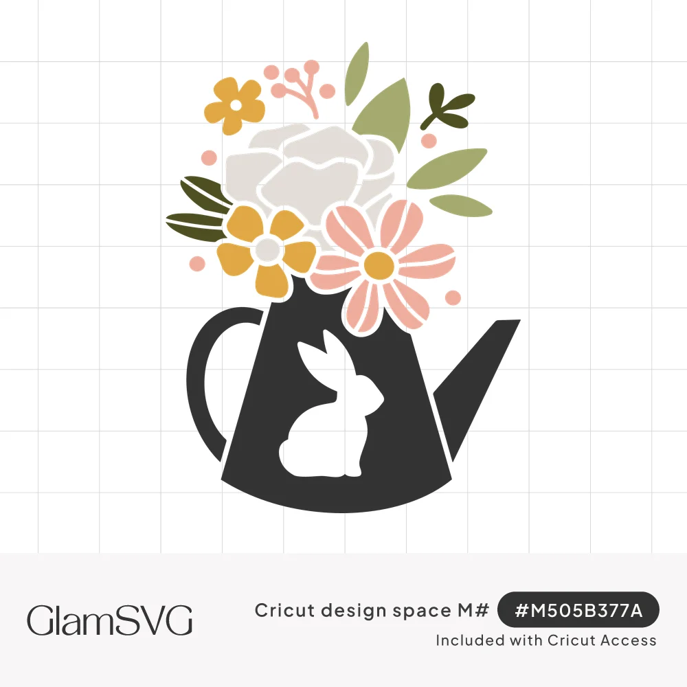 Dark watering can with a white bunny silhouette, filled with pink, yellow and white flowers and green leaves
