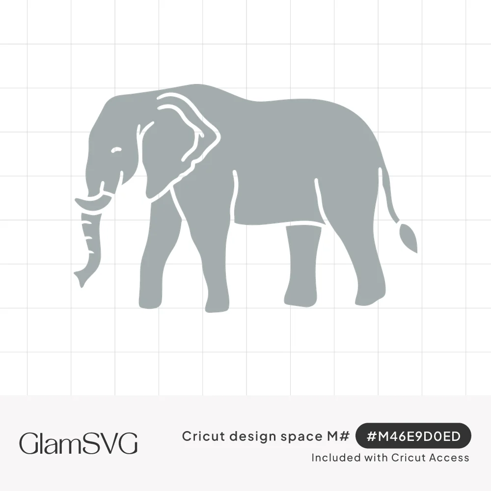 Gray elephant silhouette walking left in side profile with tusks, curled trunk, ear outline and tufted tail