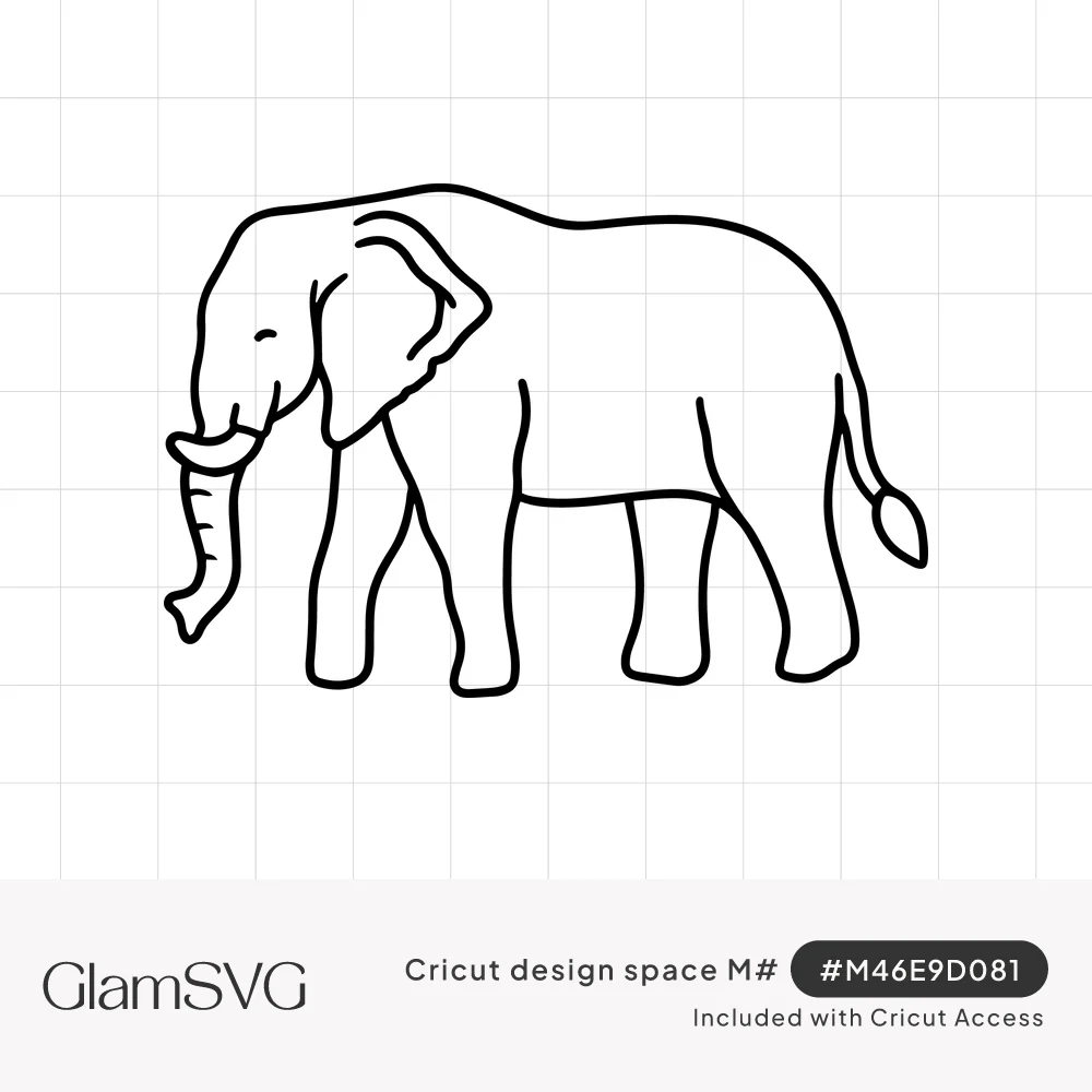 Black line drawing of an elephant walking in side profile with a curled trunk, large ear and tufted tail