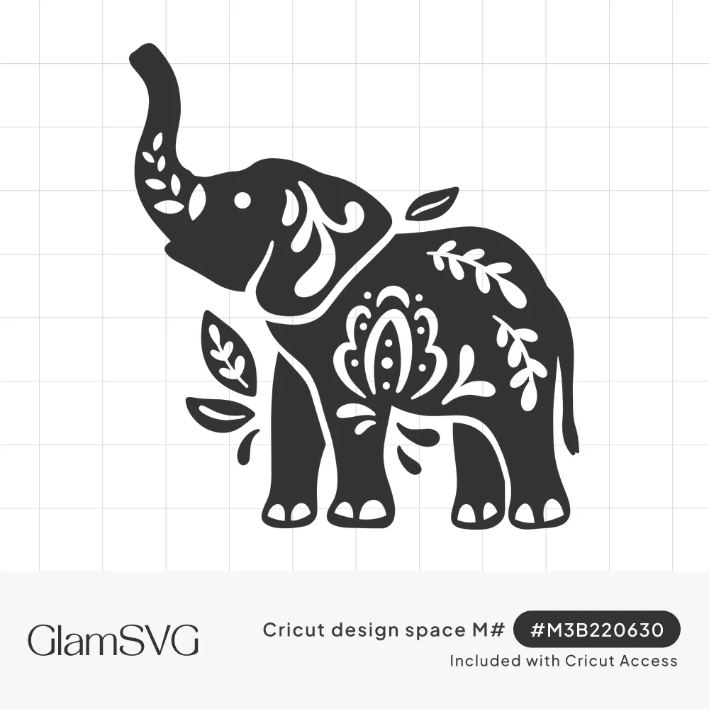 Dark elephant silhouette with trunk raised, filled with cut-out folk floral petals and leaves, surrounded by loose leaves