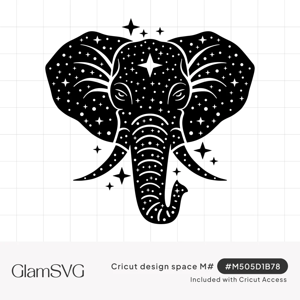 Black elephant head silhouette filled with white stars, dots and sparkles, with a large star on its forehead