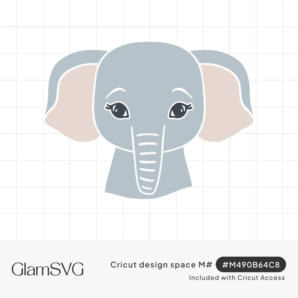 Cute gray elephant face with long-lashed eyes, pale pink inner ears and a creased trunk on a white background