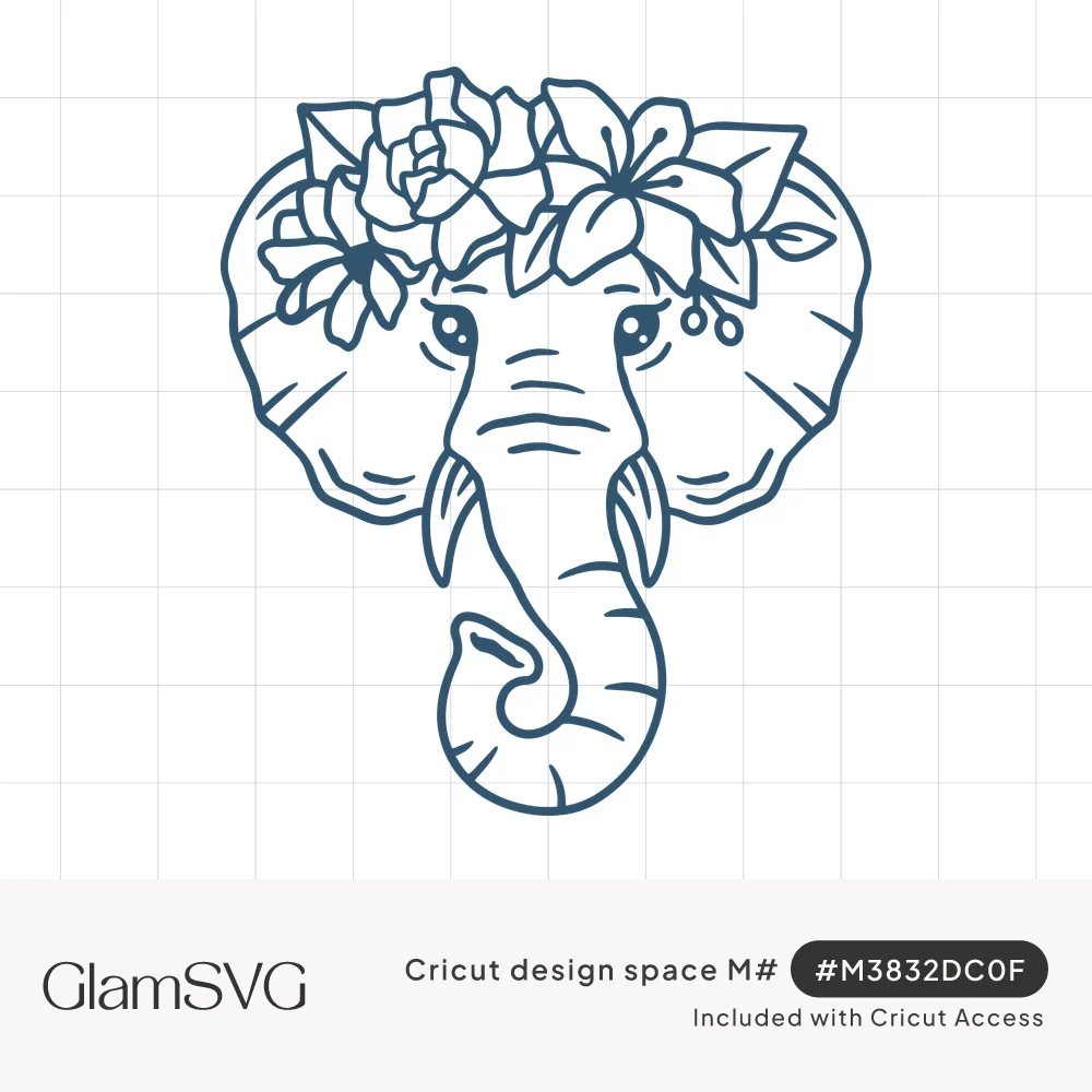 Line drawing of an elephant face with a curled trunk and small tusks, wearing a crown of roses, lilies and leaves