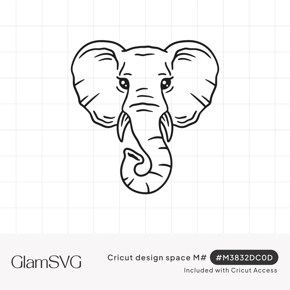 Black line drawing of a front-facing elephant head with large ears, small tusks, lashed eyes and a curled trunk