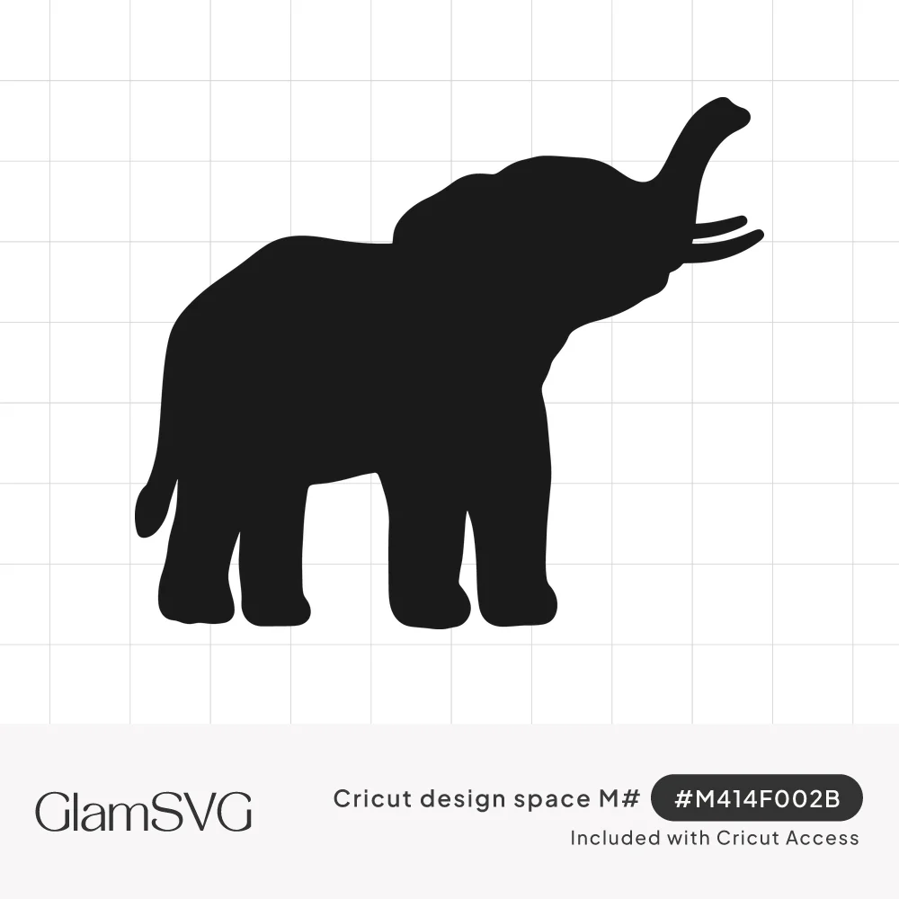Solid black silhouette of an elephant walking with its trunk raised upward and small tusks visible