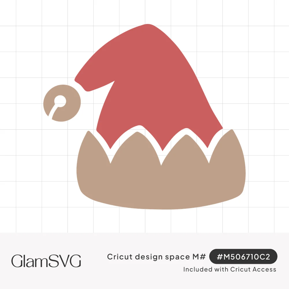 Red elf hat with a curled pointed tip, round pom, and a tan zigzag cuff on a white background