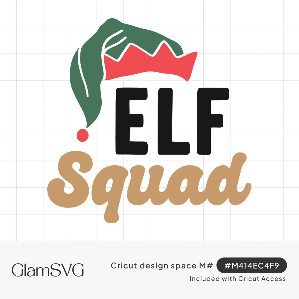 Black bold ELF text and tan retro script Squad beneath a green elf hat with red zigzag cuff and red pom tip