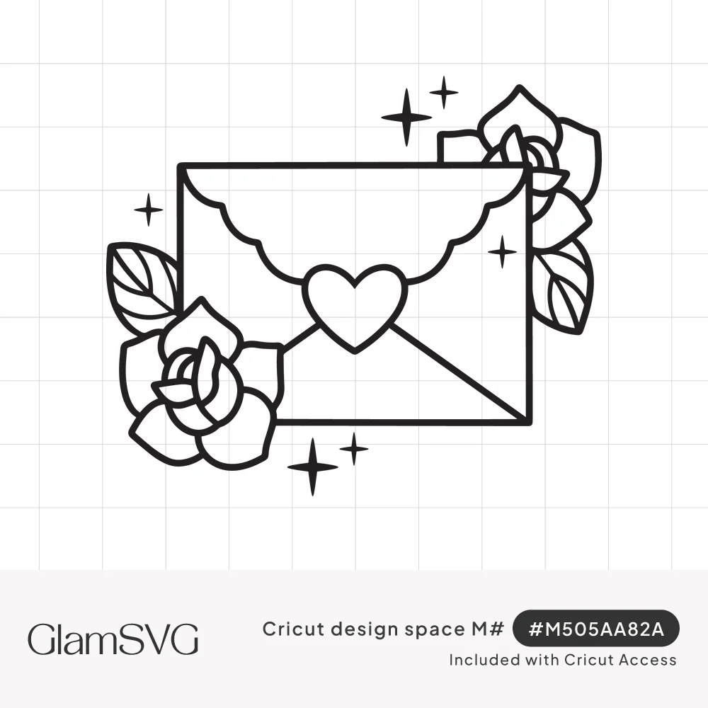 Black outline drawing of an envelope with a scalloped flap and heart seal, framed by two roses, leaves and sparkles