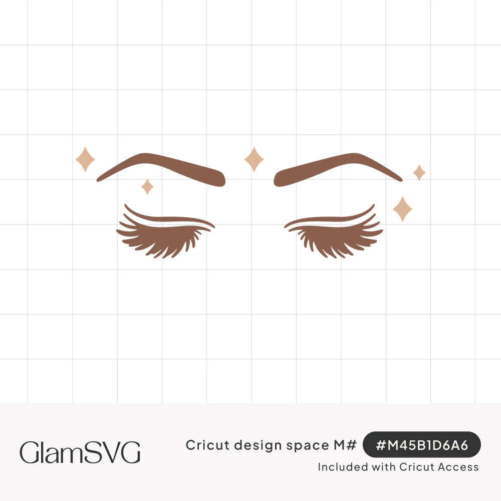 Two closed eyes with long brown lashes and arched brows, surrounded by small tan four-point sparkles