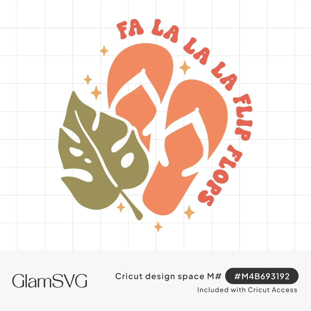 Coral flip flops beside an olive monstera leaf with curved retro text reading Fa La La La Flip Flops and gold sparkles