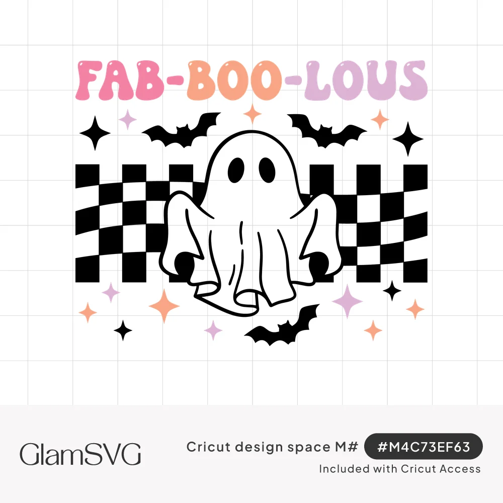 Pastel groovy text reading Fab-Boo-Lous above a cute ghost on a wavy black and white checkerboard with bats and sparkles
