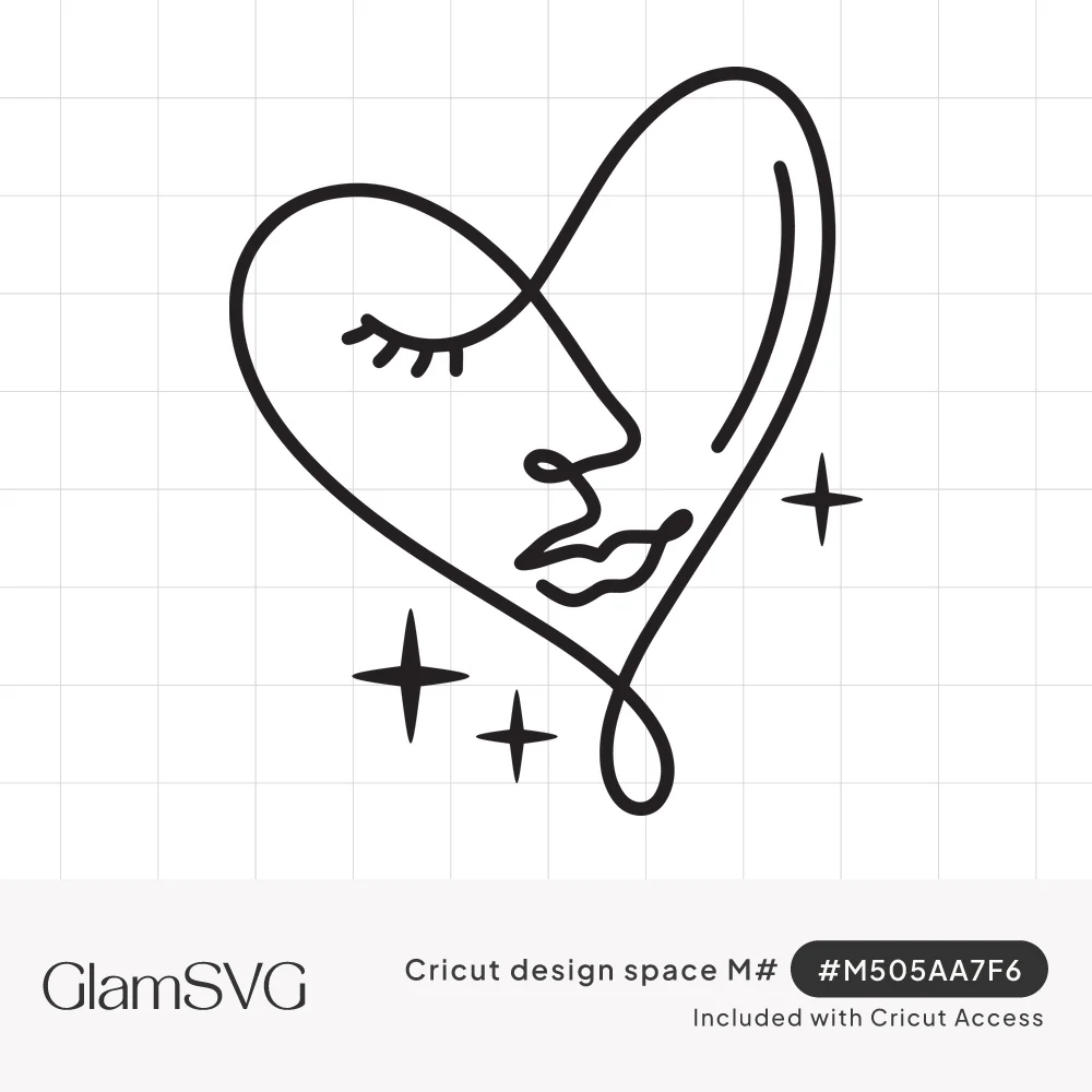 Continuous line drawing of a heart shape forming a woman's face with closed eyes and full lips, with small sparkles