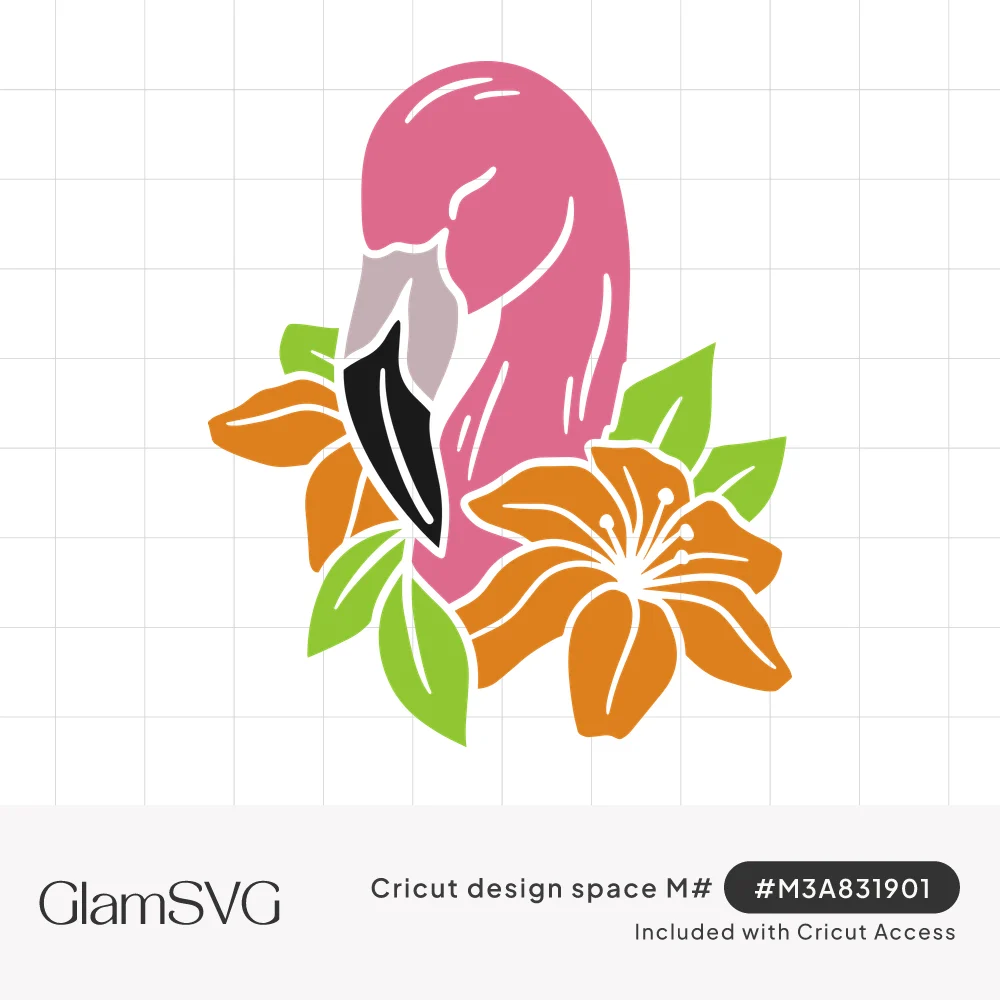 Pink flamingo head and curved neck surrounded by orange lily flowers and green leaves