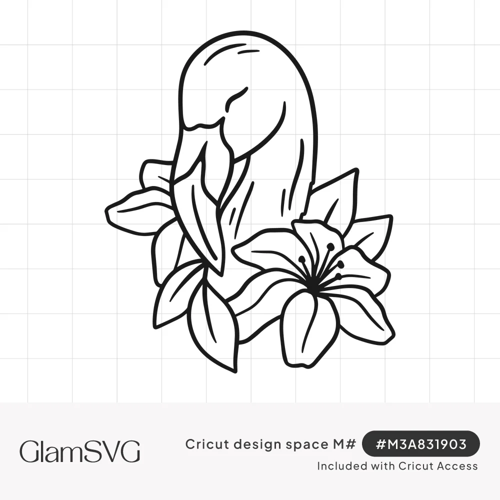 Black line drawing of a flamingo head bowed with closed eyes, surrounded by lily blossoms and leaves