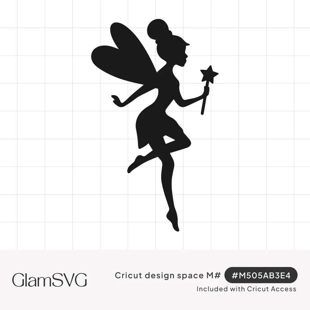 Black silhouette of a fairy with a hair bun, large wings and a star wand, pointing her toes mid-twirl