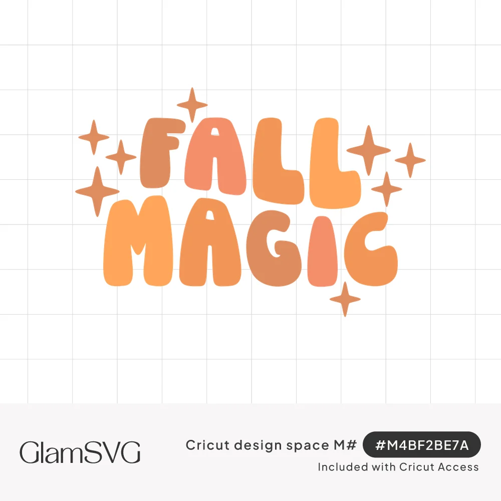 Puffy orange and peach bubble letters spelling Fall Magic surrounded by small four-point sparkles