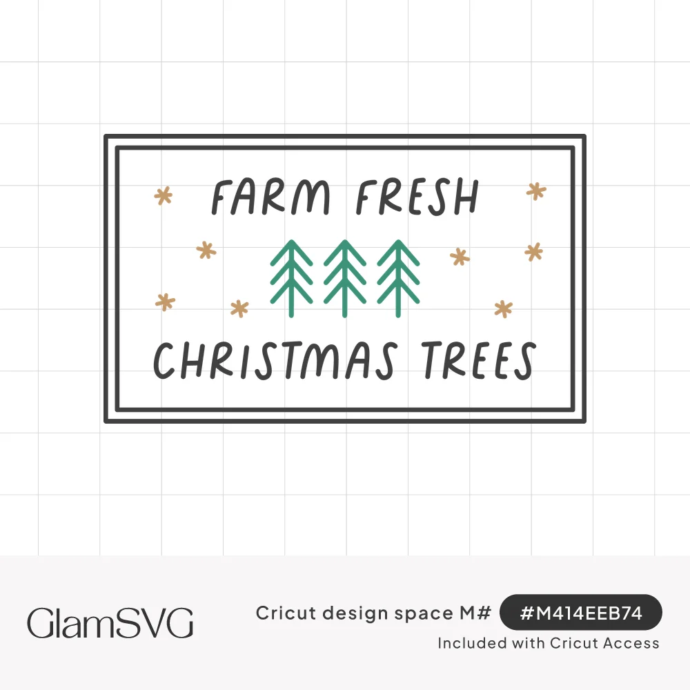 Hand-lettered Farm Fresh Christmas Trees sign with three green pine trees, gold snowflakes and a double-line rectangle frame