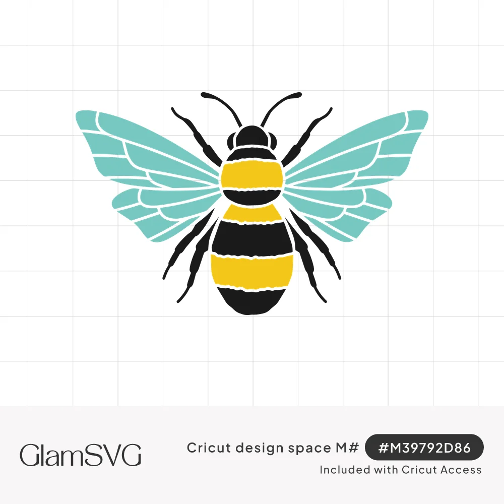 Top-down honey bee illustration with teal veined wings, black legs and a yellow and black striped body