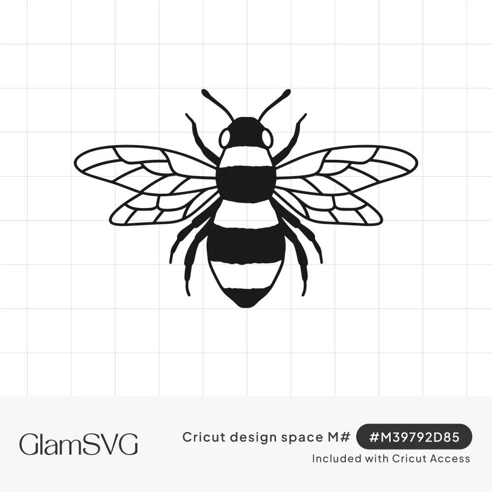 Black and white honey bee illustration with striped body, antennae and detailed veined wings spread open