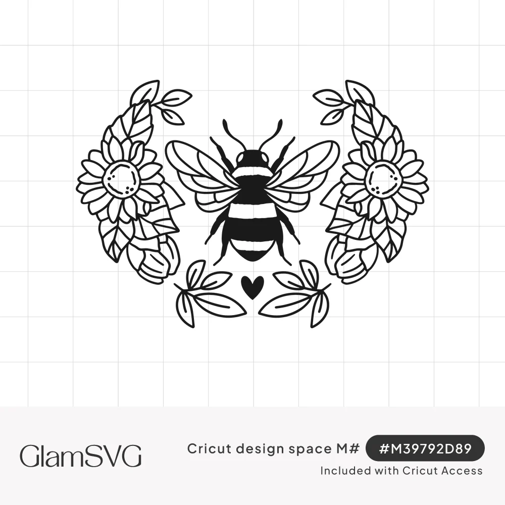Black line art honeybee centered between two sunflower and leaf sprays with a small heart below