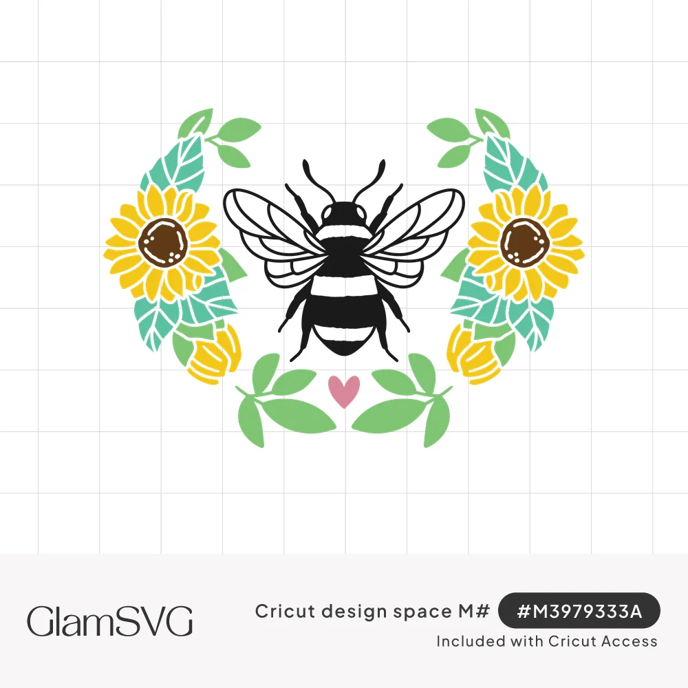 Black and white bumblebee centered between two sunflower and leaf clusters with a small pink heart below