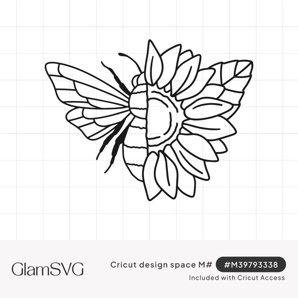 Black line art of a honeybee with open wings split down the middle with a sunflower bloom