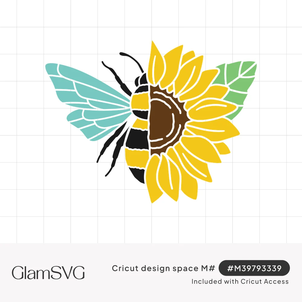 Split illustration of a bumblebee with teal wings on the left and a yellow sunflower with green leaf on the right