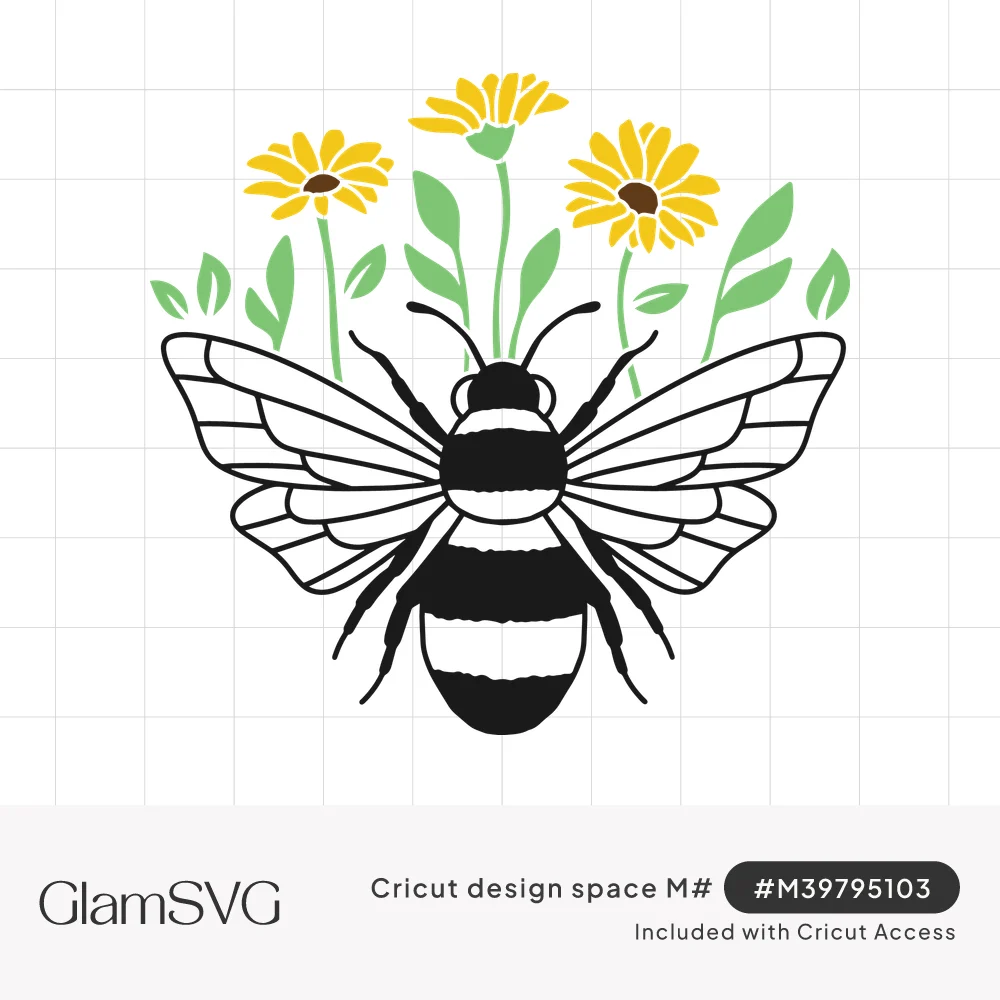Black and white striped bumblebee with spread wings in front of yellow daisies and green leaves