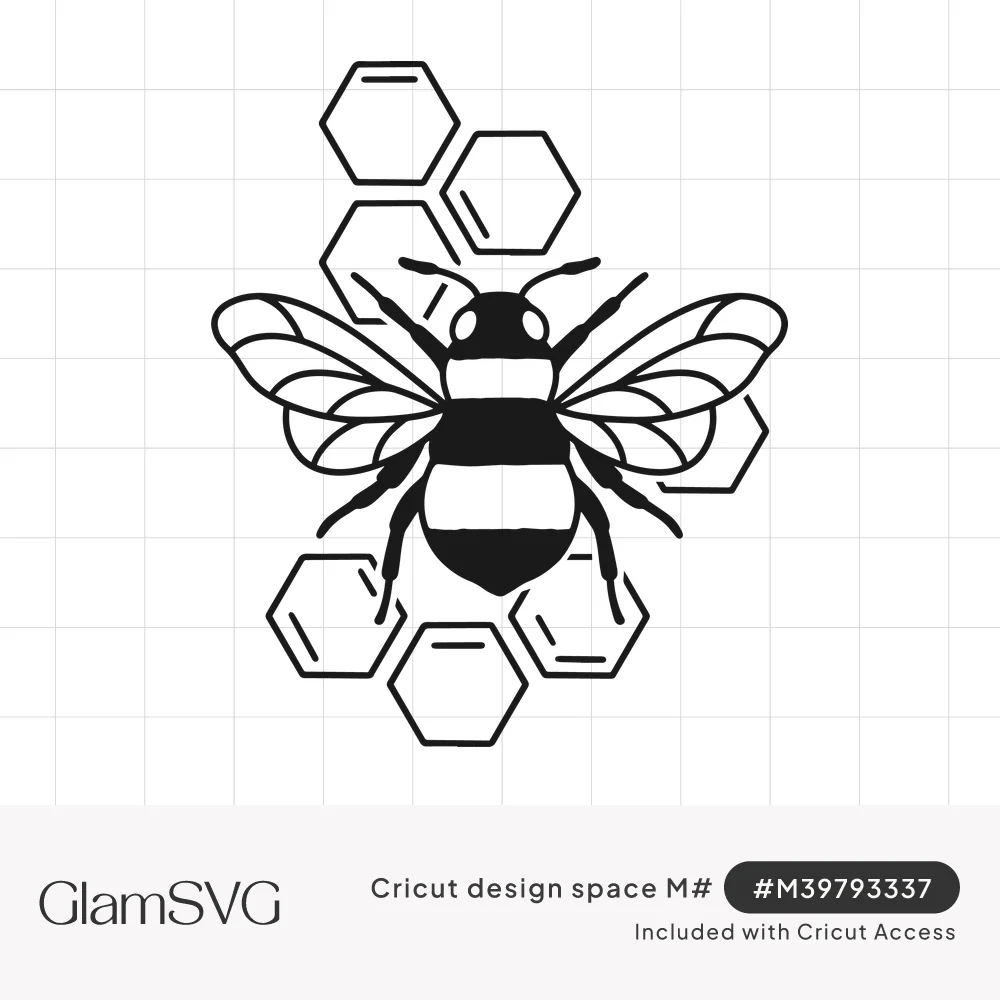 Black line art bumblebee with striped body and veined wings surrounded by outlined hexagon honeycomb cells