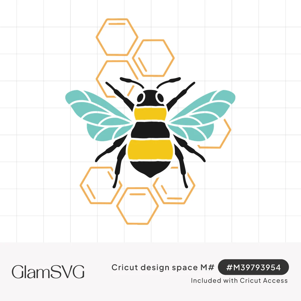 Black and yellow bumblebee with teal wings over orange hexagon honeycomb outlines