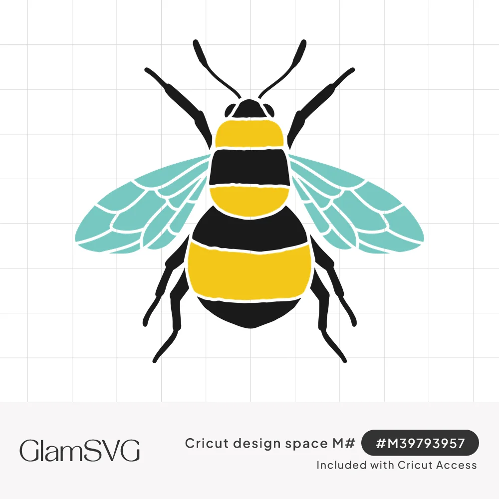 Top-down illustration of a bumble bee with black and yellow striped body and teal wings with white veins