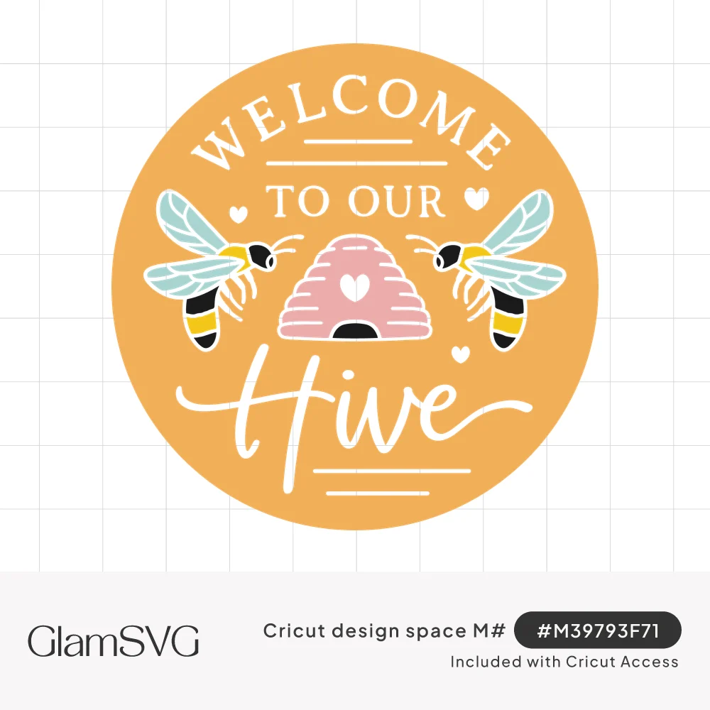 Welcome to Our Hive design with two honeybees, a pink beehive with a heart and script lettering on mustard yellow