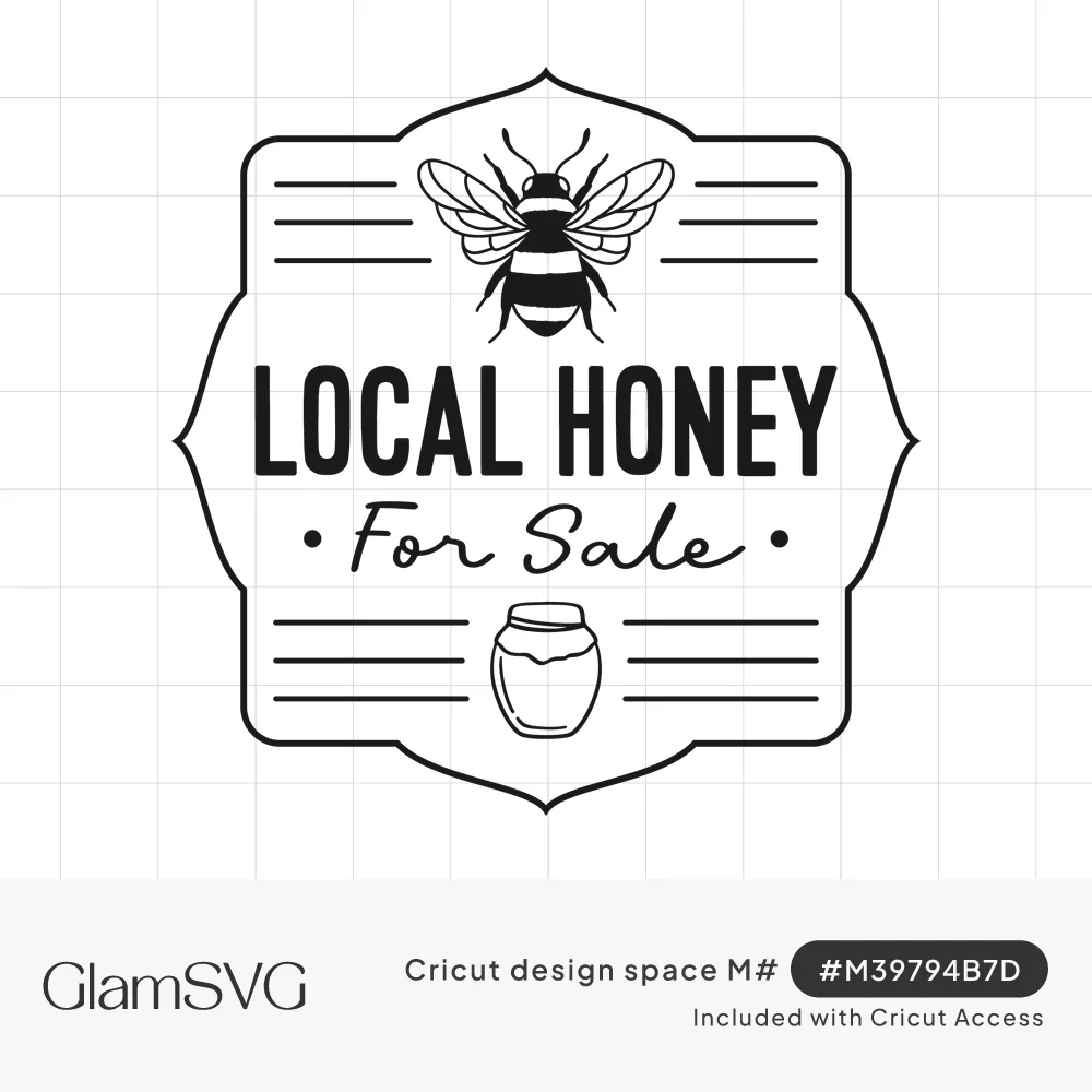 Vintage label reading Local Honey For Sale with a bumblebee above the words and a honey jar below, in black line art