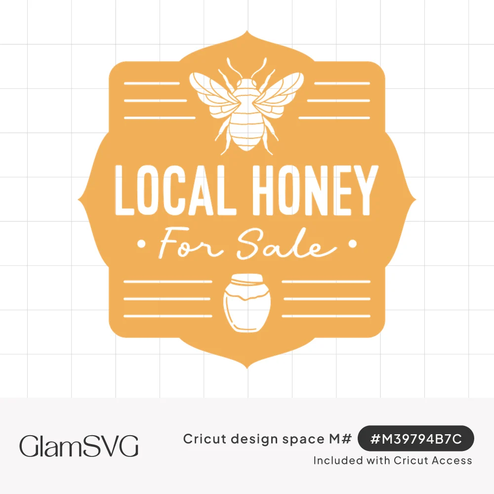 Golden badge label with a honeybee, bold Local Honey text, script For Sale and a honey jar below