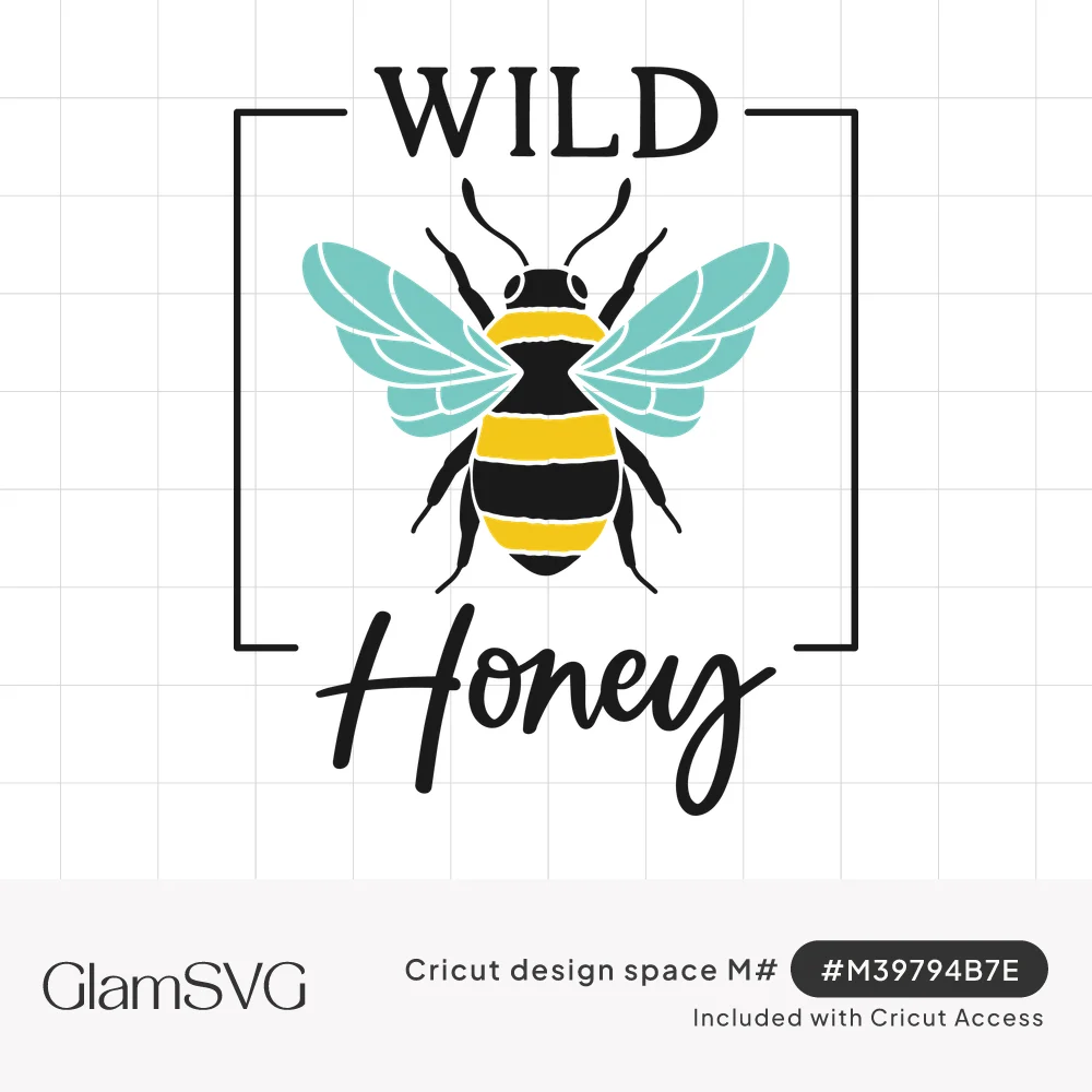 Black and yellow bumblebee with teal wings inside a square frame with WILD above and script Honey below
