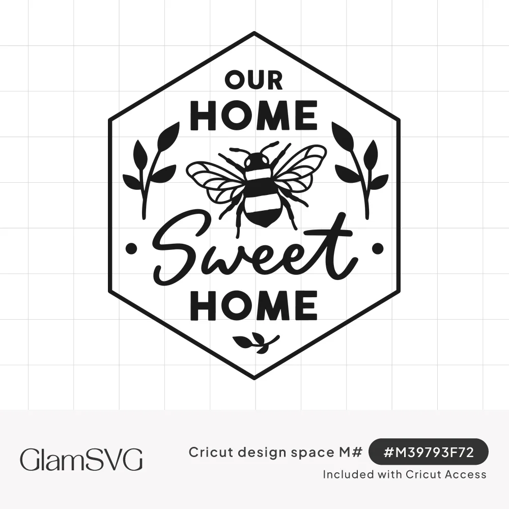 Black bumblebee with leafy sprigs and Our Home Sweet Home lettering in print and script inside a geometric frame