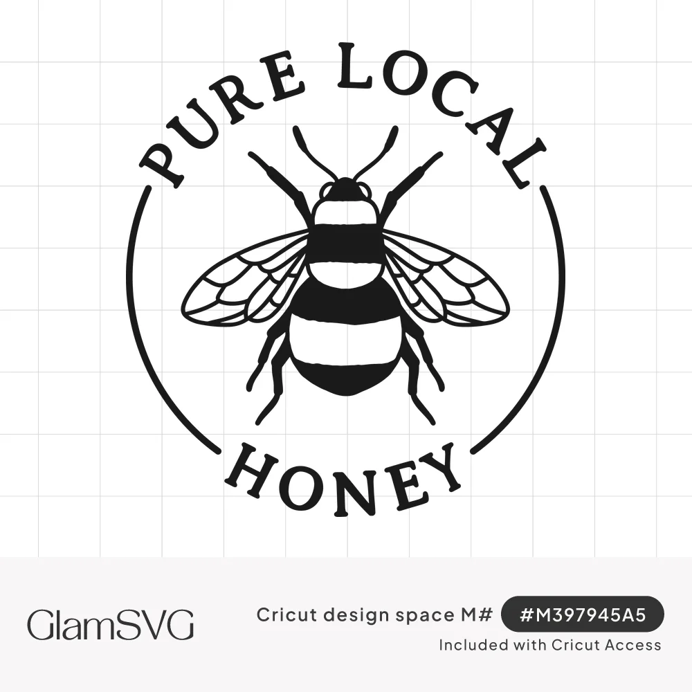 Black line drawing of a bumblebee inside a circle with the words Pure Local Honey arched around it