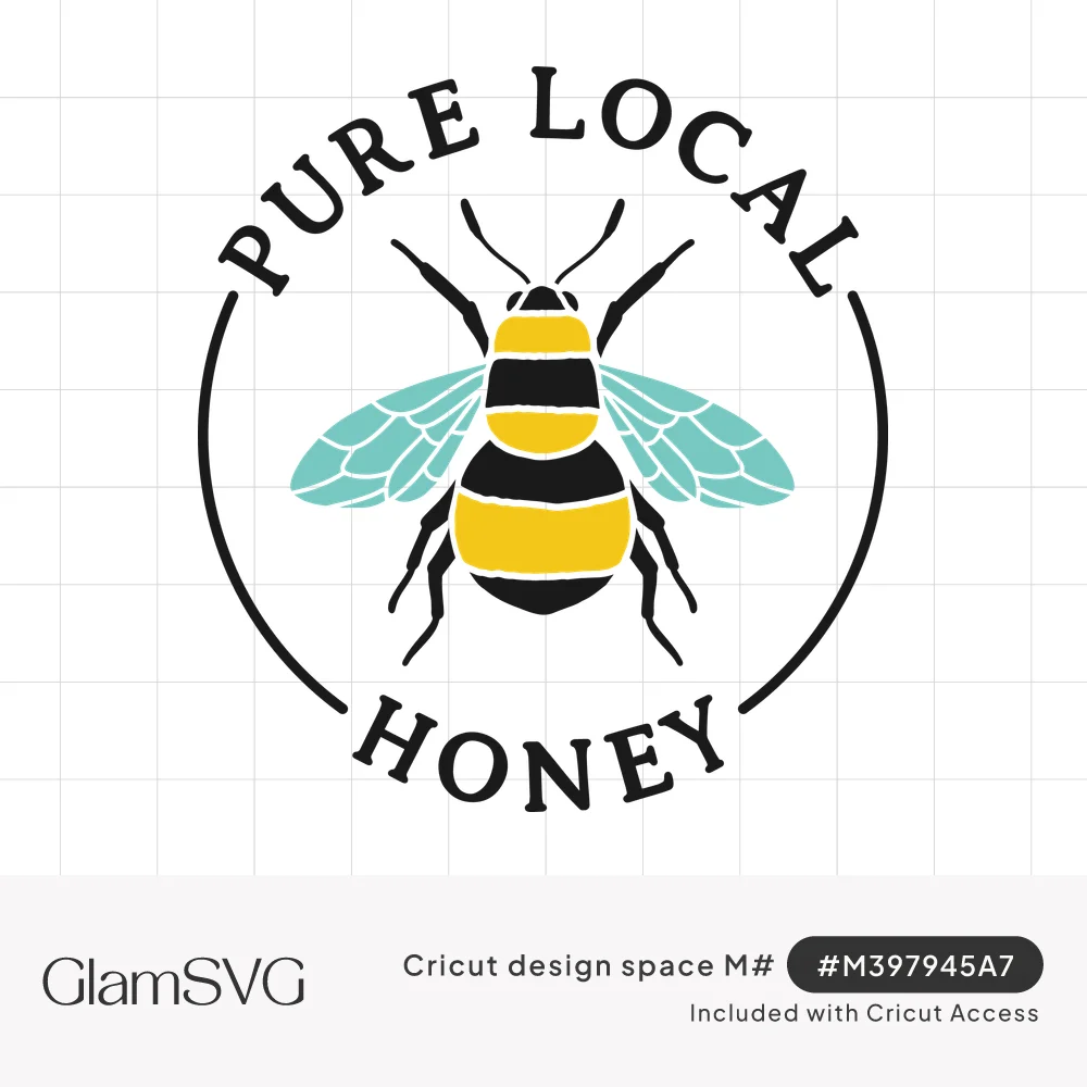 Round badge with a yellow and black bumblebee with teal wings, framed by the words Pure Local Honey