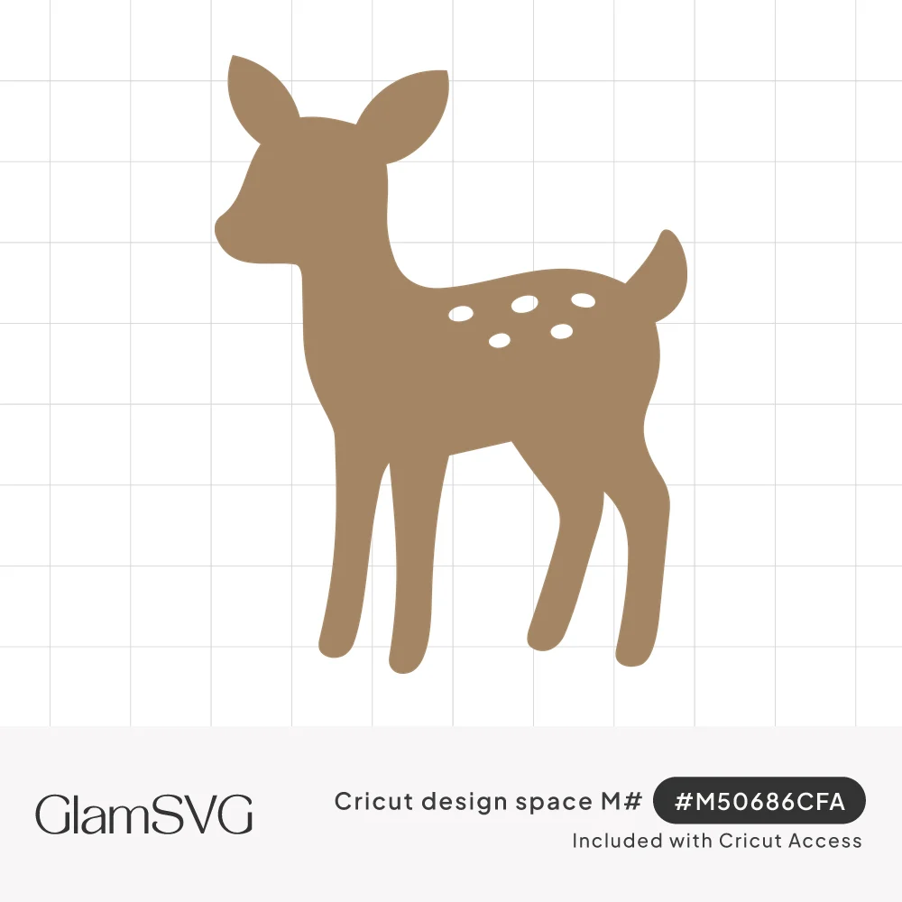 Tan silhouette of a standing baby fawn with large ears, a short tail and white spots on its back