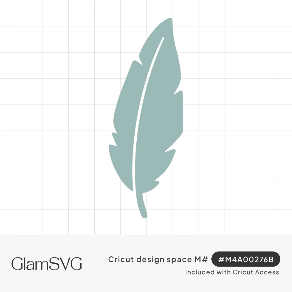 Sage green single feather silhouette with a thin cut-out quill line and notched edges