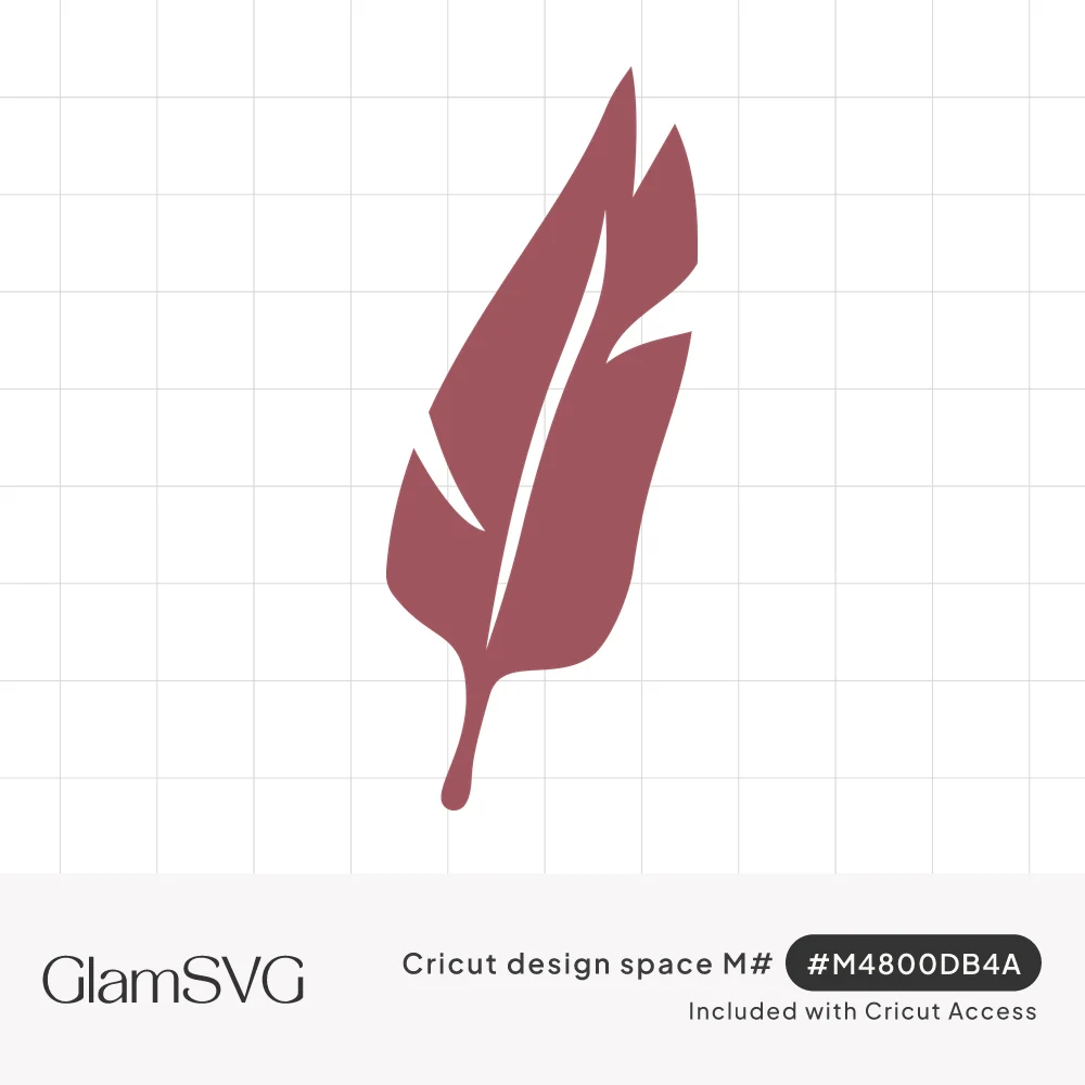 Dusty rose feather silhouette with a thin open quill line and notched edges on a white background
