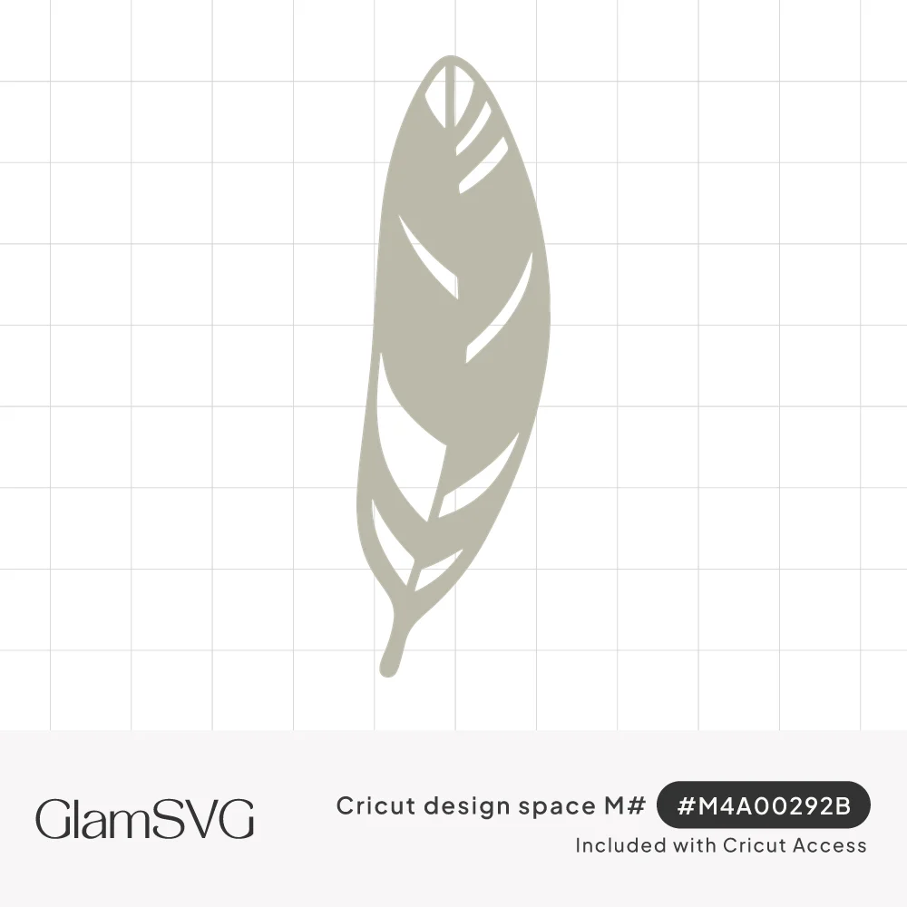 Single sage gray feather silhouette with angled slit cutouts through the vane and a curved quill at the bottom