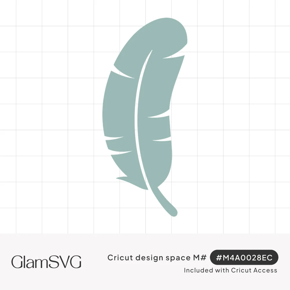 Sage green silhouette of a single curved feather with notched edges and a thin quill line down the center