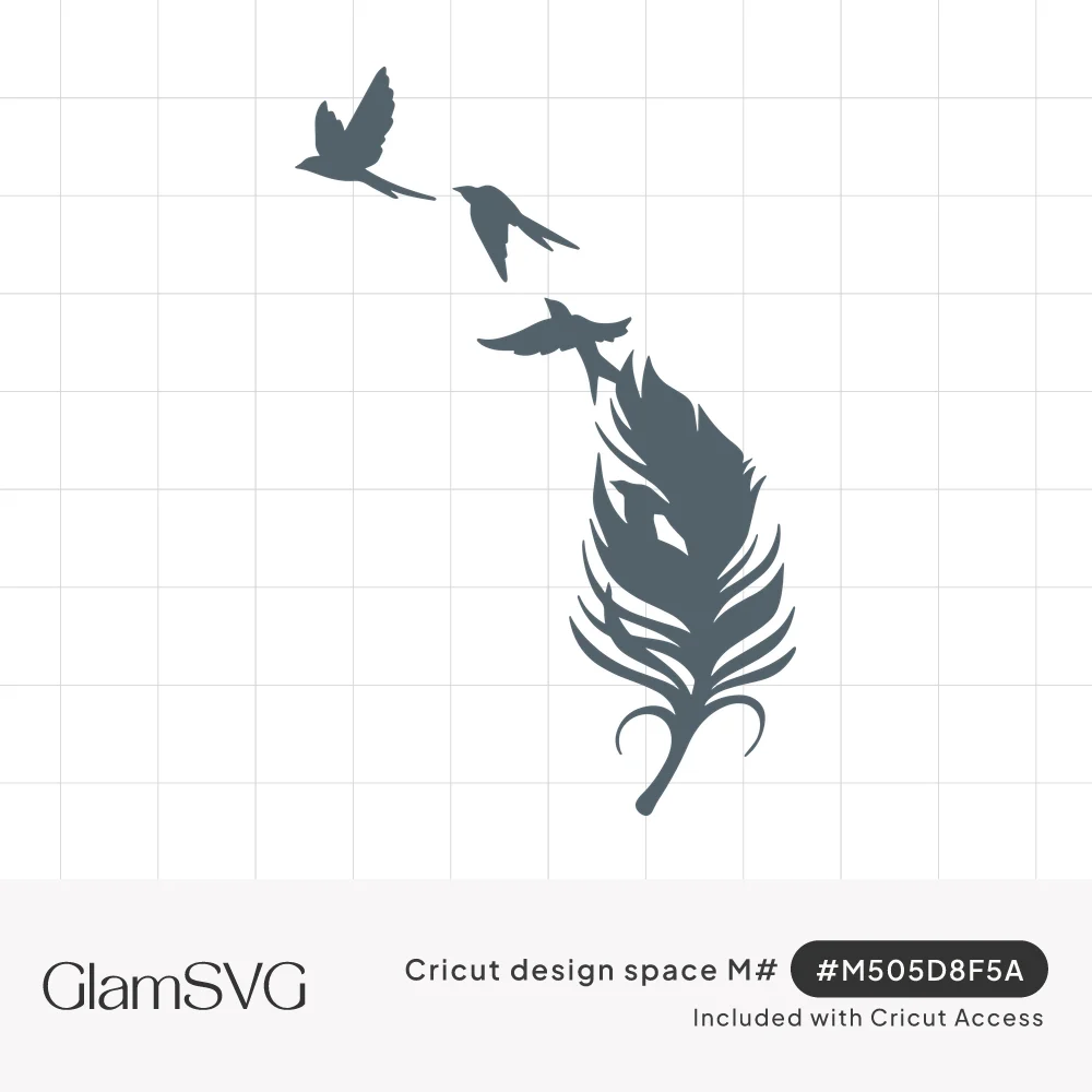 Silhouette of a feather whose tip breaks apart into three small birds flying upward