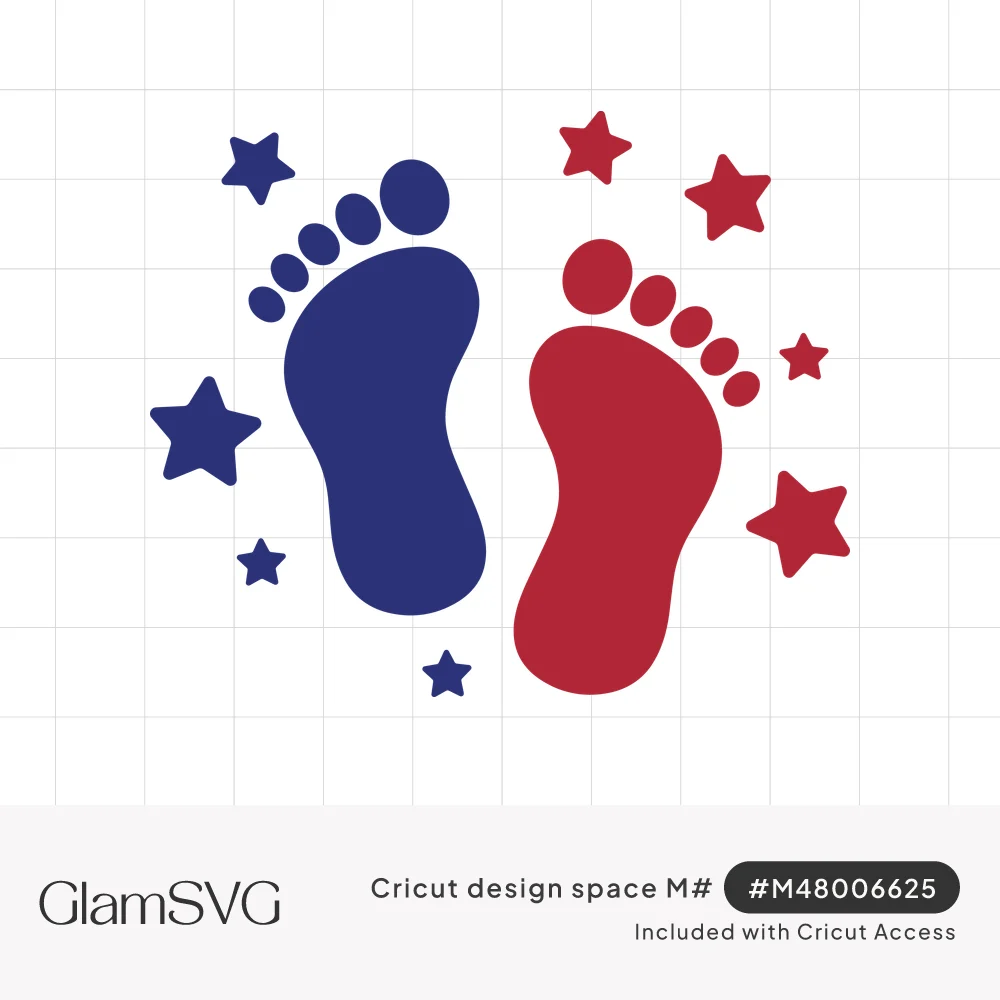 Navy blue and red baby footprints side by side surrounded by scattered navy and red stars