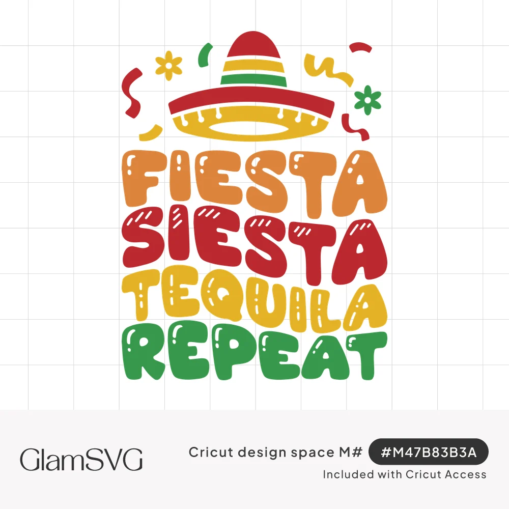 Striped sombrero with confetti above bubbly orange, red, yellow and green text reading Fiesta Siesta Tequila Repeat