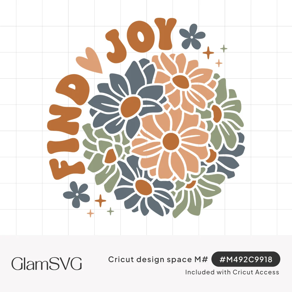 Retro Find Joy lettering arched around a cluster of blue, peach and sage daisies with a small heart and sparkles